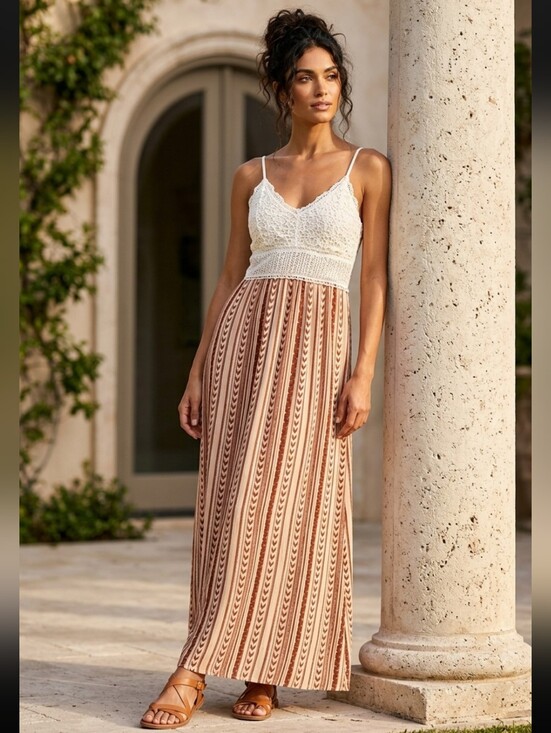 No Boundaries Dresses & Skirts - Crochet Bodice Maxi Dress with Stripe Print Skirt Boho Inspired Size Large